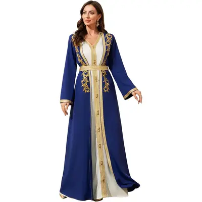 Elegant Blue Muslim Robe, Gold Embroidered Trim, Long Sleeve Dress