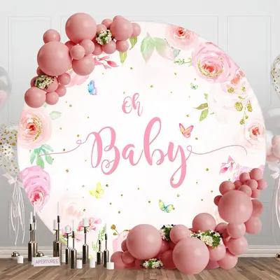 Pink Floral Butterfly Round Baby Shower Backdrop - Aperturee