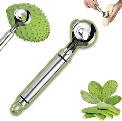 Multi-Cactus Peeler Tools, Stainless Steel Cactus Paring Knife and Peeler Spoon Long Handle Slicing Noodle Cutter with Hole f...