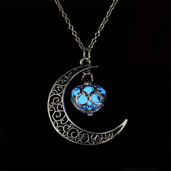 Alloy & Luminous Stone Hollow Moon Heart Pendant Necklaces