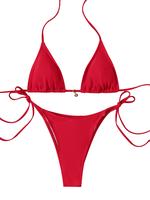 Women's Solid Tie Side Bikini Set, Casual Fashion Chic Swimsuit Set for Beach Holiday Vacation, Ladies Swimwear for All Seaso...