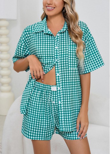 Modlily Mint Green Plaid Half Sleeve Lounge Top and Shorts - 2XL
