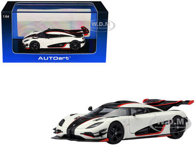 Koenigsegg One1 Pebble White with Carbon and Red Stripes 1/64 Diecast Model Car by Autoart