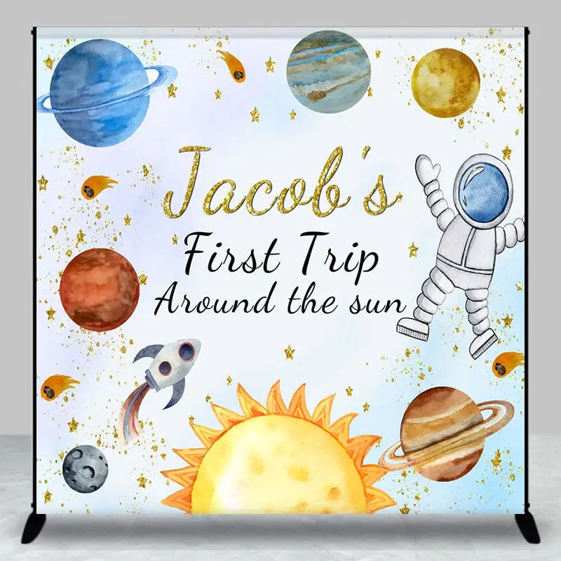 Aperturee Custom Name First Trip Galaxy 1st Birthday Backdrop - Aperturee