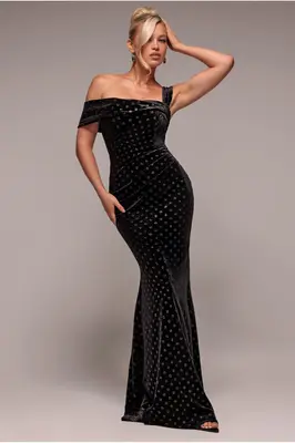 Goddiva Glitter Polka Dot Velvet One Shoulder Maxi Dress - Black