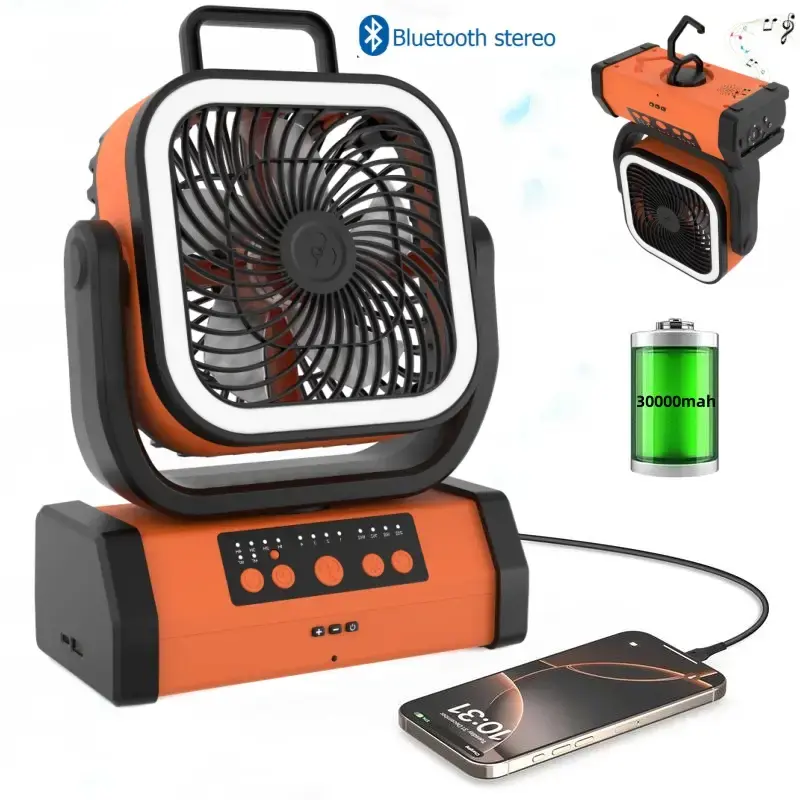 Battery Powered Fan Portable Rechargeable with Bluetooth Stereo,270°Pivot Battery Operated Fans Camping with LED Light & Hoo...