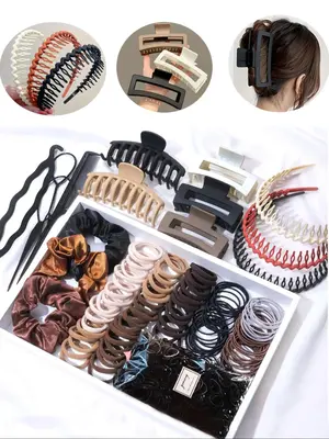 Mixed Hair Accessories Set without Box, Including Elastics Hair Ties & Claws & Hair Tools & Headband, Minimalist Headwear for...