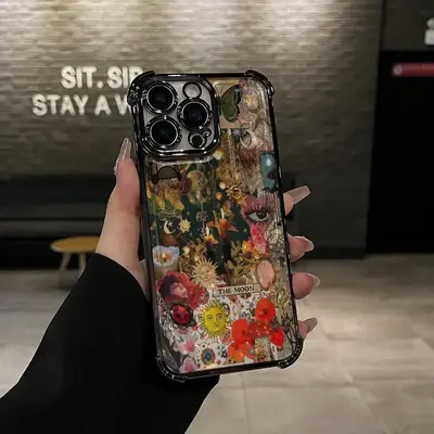 Retro European and American Collage Abstract Patterned Four Corner Drop-Proof TPU Phone Case for iPhone 16 15 14 Pro Max 13 1...