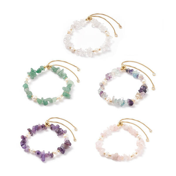 Natural Gemstone Chips & Pearl Beaded Slider Bracelet for Women