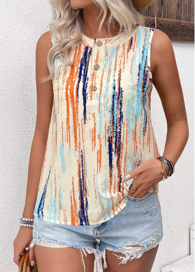 Modlily Multi Color Button Striped Sleeveless Round Neck Tank Top - XL