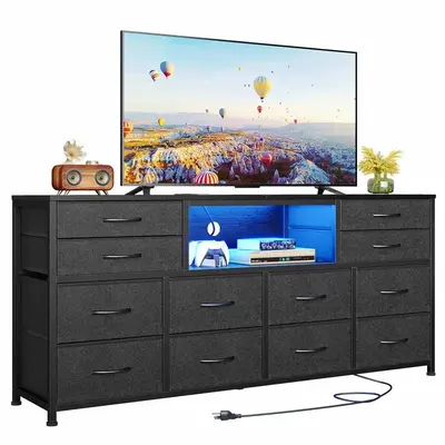 Sikaic 55 inch LED TV Stand Dresser with Power Outlets and 12 Drawers PU Black Furniture Storage Organize Living Room Modern ...
