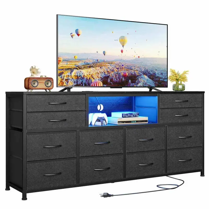 Sikaic 55 inch LED TV Stand Dresser with Power Outlets and 12 Drawers PU Black Furniture Storage Organize Living Room Modern ...