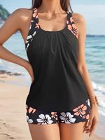 Women's Floral Print Ruched Tankini Set, Adjustable Strap U Neck Swim Top & High Waist Swim Shorts, Two-piece Swimsuit for Su...