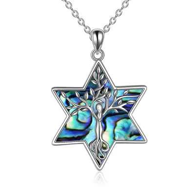 Sterling Silver Abalone Shellfish Tree Of Life & Star Of David Pendant Necklace For Women
