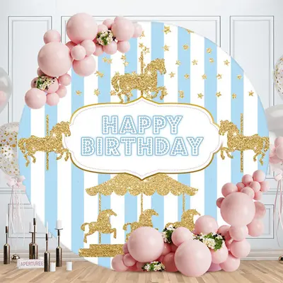 Aperturee Gold Glitter Carousel Blue Round Birthday Backdrop
