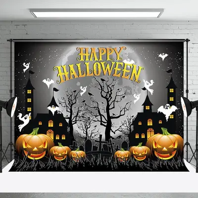 Halloween Horror Night in Cartoon Ghosts City Backdrop