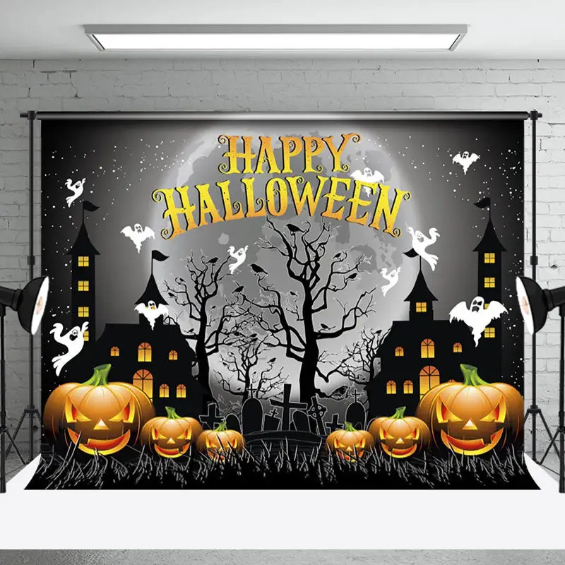 Halloween Horror Night in Cartoon Ghosts City Backdrop