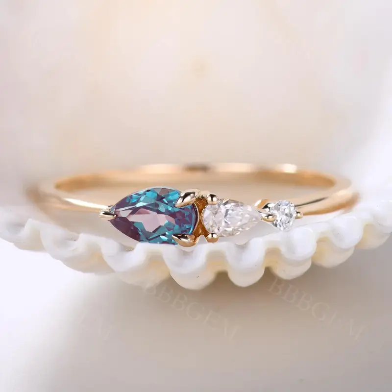 Unqiue Alexandrite Engagement Ring Rose Gold Three Stone Moissanite Ring