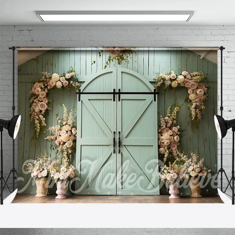 Green Barn Door Flower Decoration Photo Backdrop - Aperturee