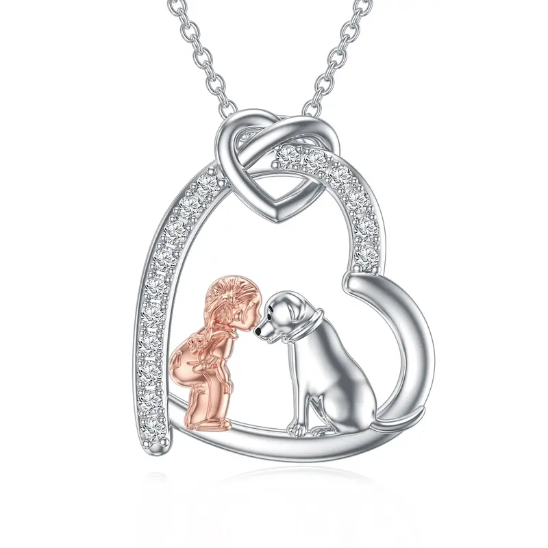 Sterling Silver Two-tone Zirconia Girl & Dog Love Knot Heart Pendant Necklace