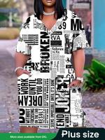 【Plus Size】 Letter Print Vneck Dress, Casual Fashion Shortsleeve Dress for Daily Outdoor Wear, Women Plus Clothing for Su...