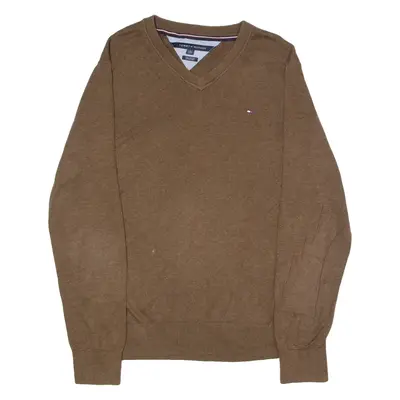 TOMMY HILFIGER Mens Jumper Brown V-Neck Tight Knit XL
