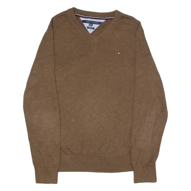 TOMMY HILFIGER Mens Jumper Brown V-Neck Tight Knit XL