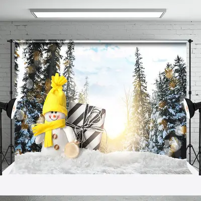Aperturee Snowman Doll Snowy Forest Sunshine Winter Backdrop