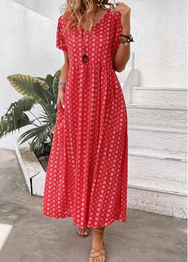 Modlily Red Pocket Geometric Print Maxi A Line Dress - L