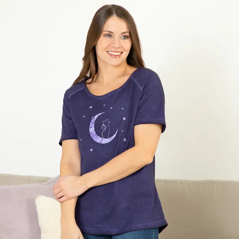 Pet & Moon Acid Wash Tee - Blue - Cat - L