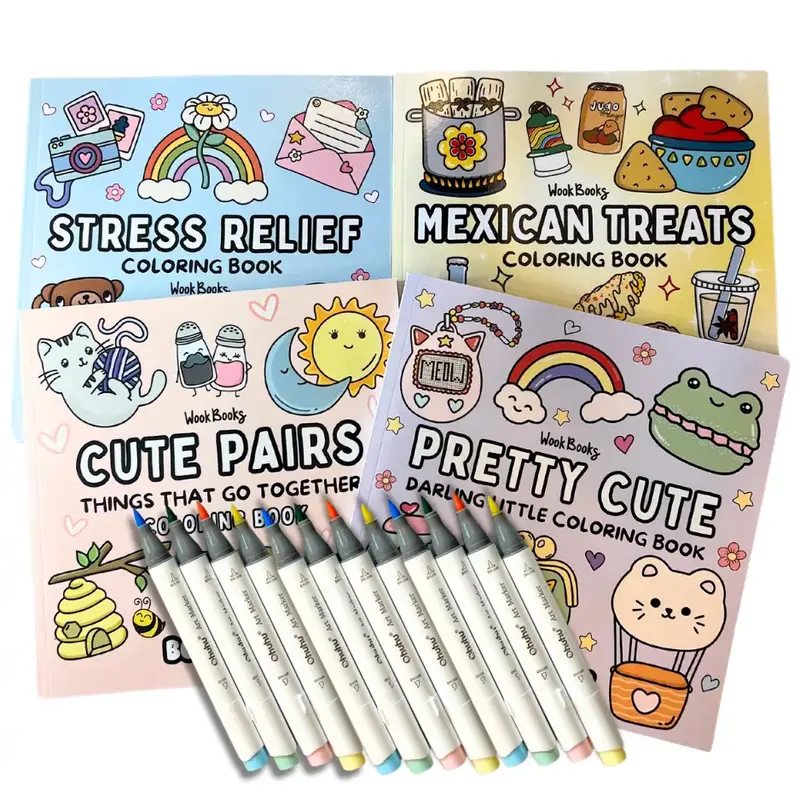 4 Coloring Books + 12 Ohuhu Markers Best-Sellers MEGA Bundle by Wook Books book lover