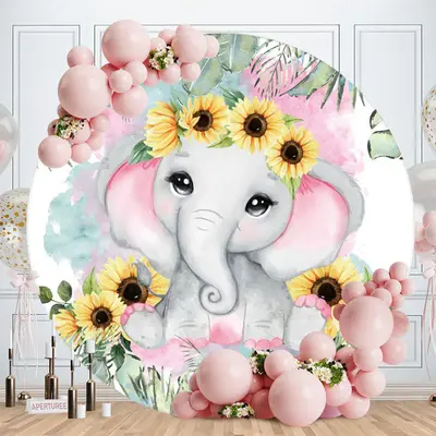 Aperturee Sunflower And Elephant Round Baby Shower Backdrop