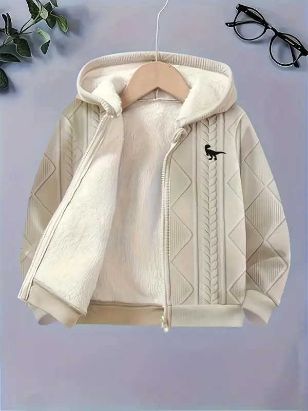 Boy's Graphic Print Zipper Hooded Jacket, Casual Long Sleeve Fuzzy Outerwear for Fall & Winter, Kids Clothes for Daily Wear