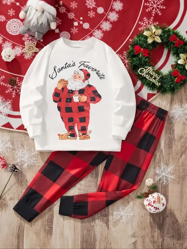 Two-Piece Set Boy's Christmas Print Sweatshirt & Plaid Print Pants Set, Casual Long Sleeve Round Neck Pullover & Elastic Wais...