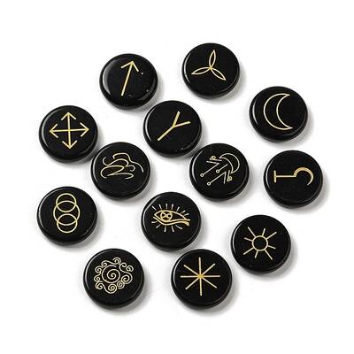 13Pcs Flat Round Natural Obsidian Rune Stones