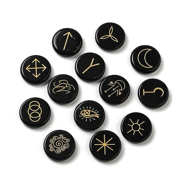 13Pcs Flat Round Natural Obsidian Rune Stones