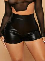 Women's Solid High Waist Pu Leather Shorts, Fashion Casual Slim Fit Elastic Waist Skinny Shorts for Daily Outdoor Wear, Ladie...