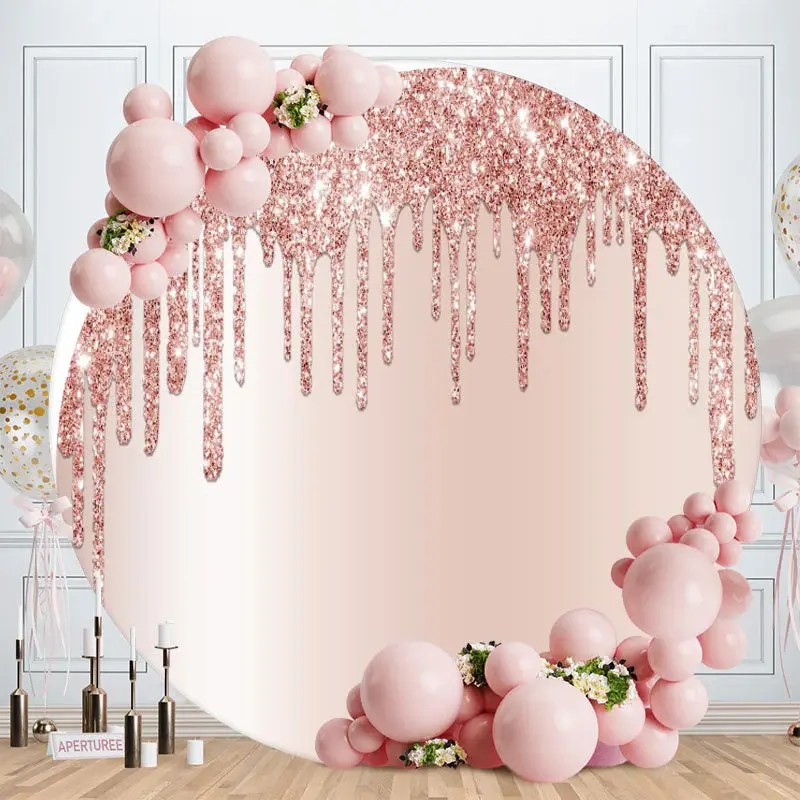 Aperturee Pink Glitter Round Happy Birthday Party Backdrop