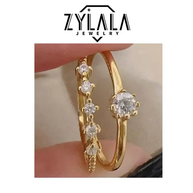 [044 Golden Color] 0.1 Carat Synthetic Moissanite Ring Set Ring Elegant Design Sterling 925 Silver Valentines Day Decoration ...