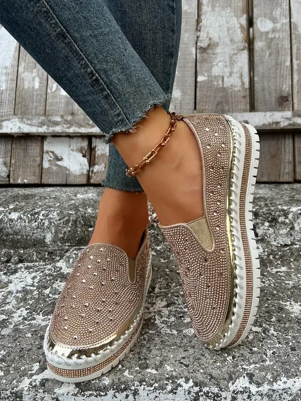 Women's Fashionable Rhinestone Decorated Slip on Wedge Sneakers, Casual Comfortable Round Toe Shoes for Daily Wear, All Match...