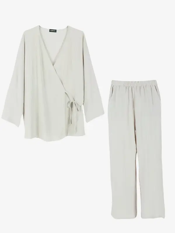 Two-piece Set Women's Solid Wrap V Neck Top & Elastic Waist Pants Set, Casual Personalized Fit Long Sleeve Tie Front Flatteri...