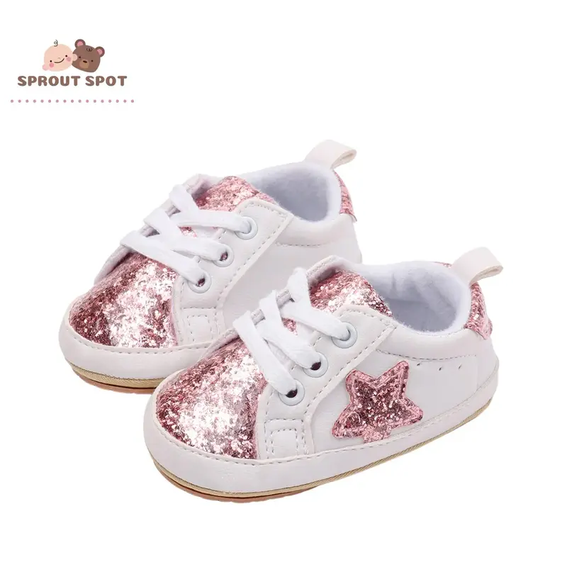 Baby Sneakers Contrast Color Sequins Shoelace Soft Sole Non-Slip Infant First Walking Shoes for Spring & Fall