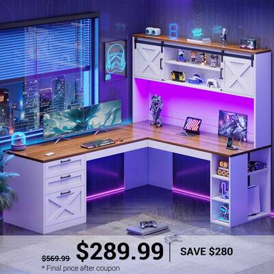 SEDETA ® 67 Inch Farmhouse Executive Desk L Shaped Computer Desk Home Office Desks with Drawers Sliding Doors Storage Shelve...