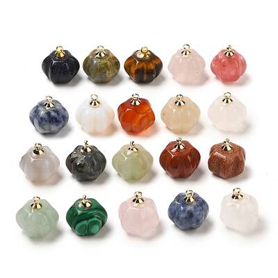 Natural & Synthetic Mixed Gemstone Pumpkin Charms with Golden Tone Brass Bails