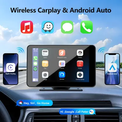 【Hieha】2025 Newest Wireless Portable Carplay and Android Auto Screen with Dashboard Mount for Alll Vehicles Car Video Pla...