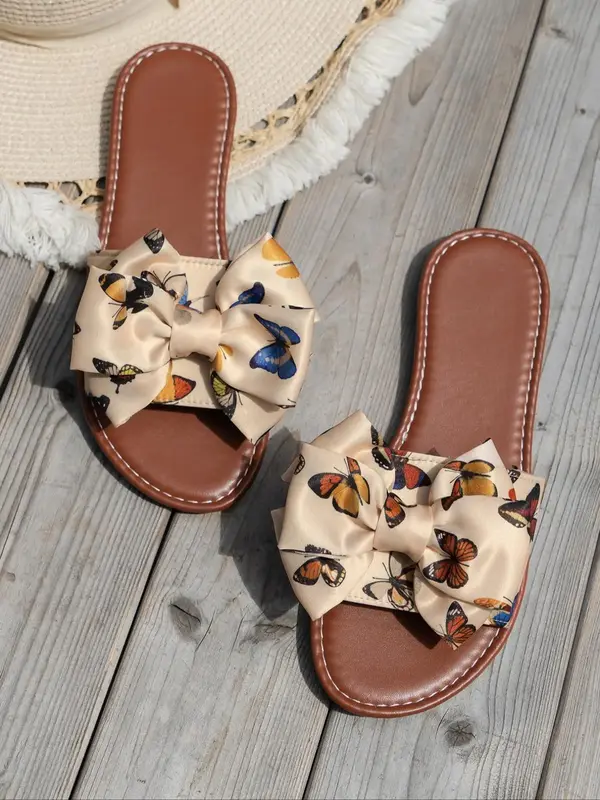 Women's Butterfly Print Bow Decor Flat Sandals, Boho Style Slide Sandals, Casual Comfortable Slip-on Sandals for Beach Vacati...
