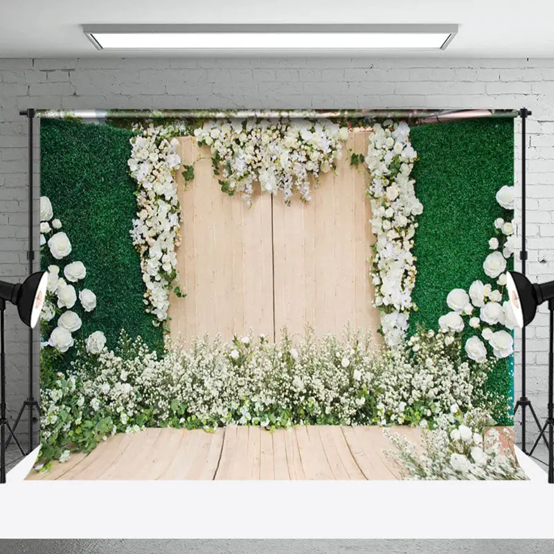 Luxurious White Rose And Greenery Photo Backdrop - Aperturee