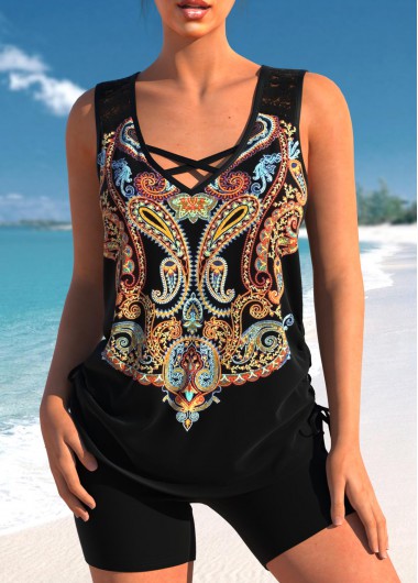 Modlily Black Paisley Print Lace Stitching Tankini Top - M