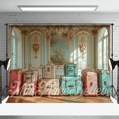 Luxury Interior Spring Photo Backdrop With Luggage - Aperturee