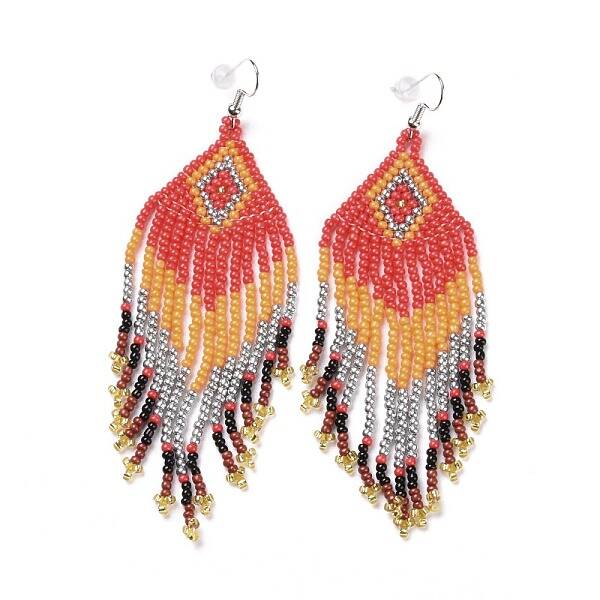 Glass Seed Braided Rhombus with Tassel Chandelier Earrings